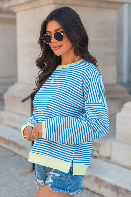 Think On It Blue Striped Contrast Trim Pullover