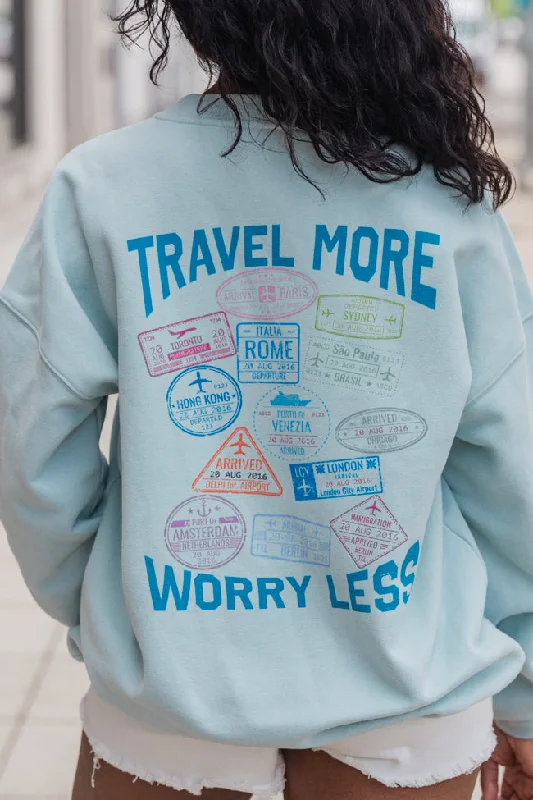 Travel More Worry Less Light Blue Oversized Graphic Sweatshirt