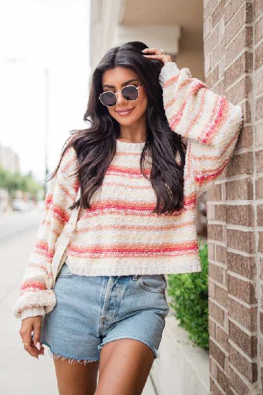 While I'm Away Orange and Red Multicolor Striped Popcorn Sweater