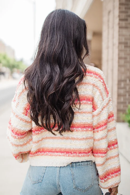 While I'm Away Orange and Red Multicolor Striped Popcorn Sweater