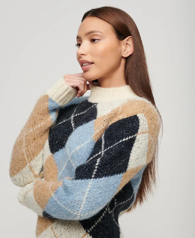 Boxy Pattern Knit Jumper | Cream Argyle