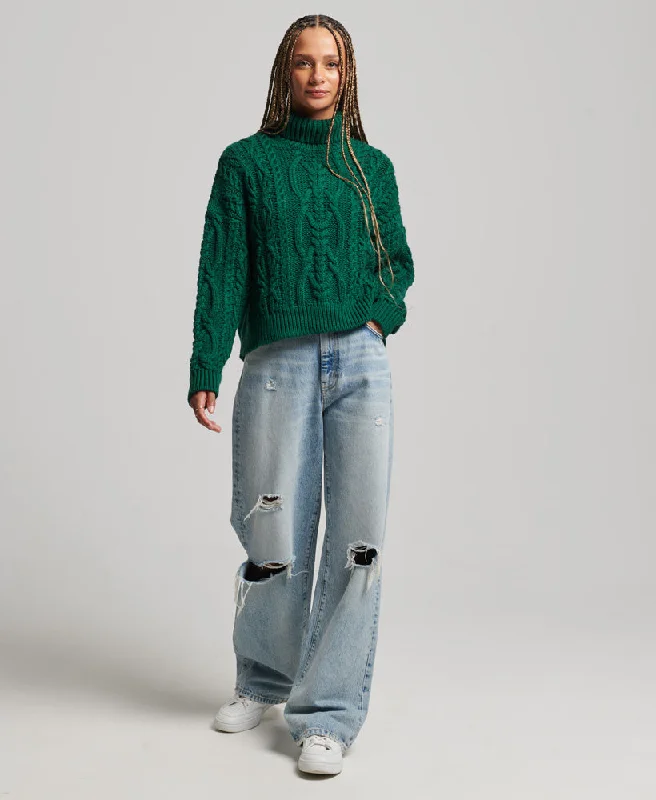 Cable Knit Polo Neck Jumper | Pine Green