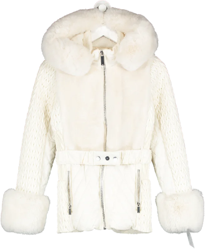 Karen Millen Cream Signature Quilt Fur Faux Fur Trim Belted Midi Jacket UK 6