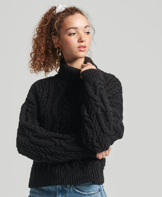 Vintage High Neck Cable Knit Jumper | Black