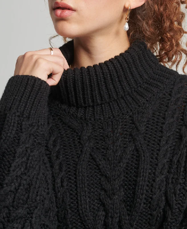 Vintage High Neck Cable Knit Jumper | Black